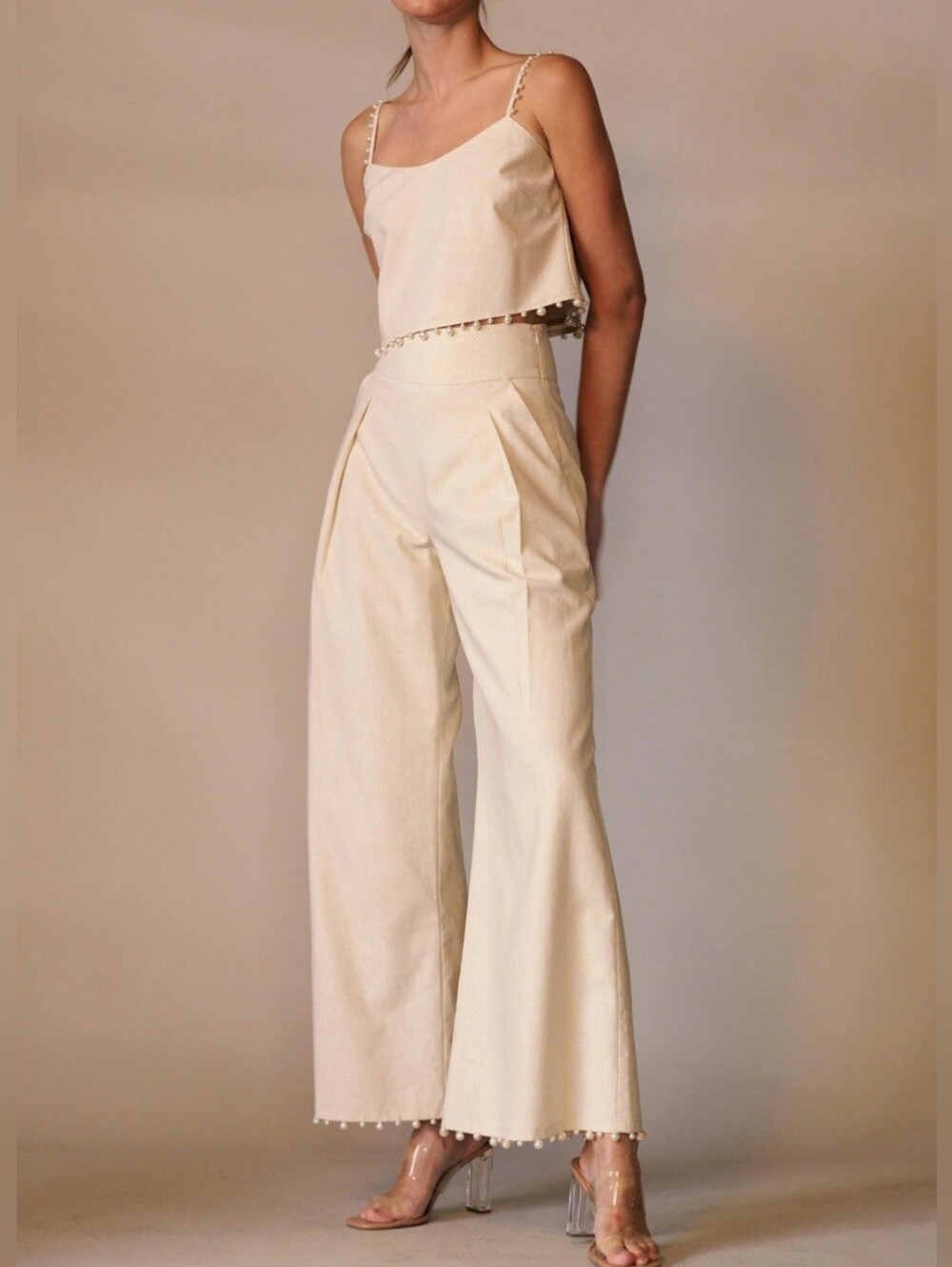 #103187 🛑M Pearl-Trimmed Linen Blend Crop Top & Wide Leg Pants w/ Pearl Trim